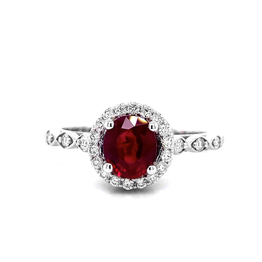 14k White Gold 1.55ct TGW Round-cut Ruby and White Diamond Halo Ring