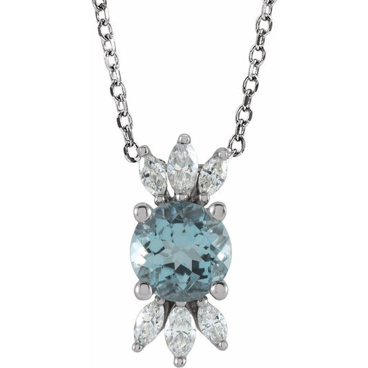 14k White Gold Natural Aquamarine & 1/5 CTW Natural Diamond 16-18" Necklace