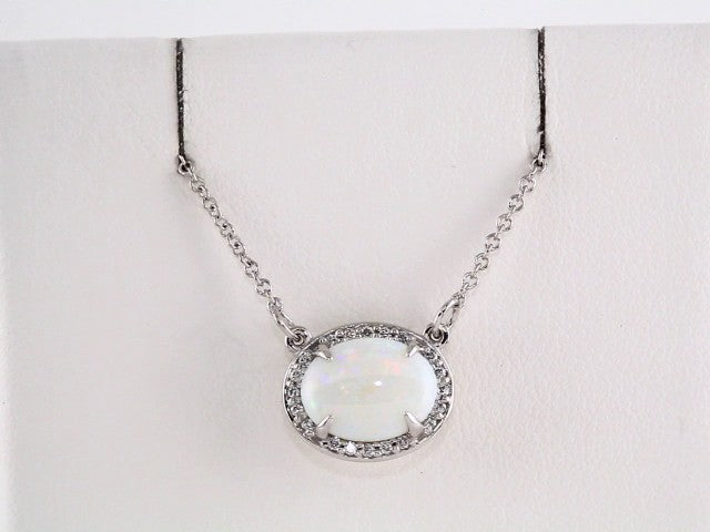 14k White Gold Natural White Opal & .05 CTW Diamond Halo-Style 16 1/2" Necklace