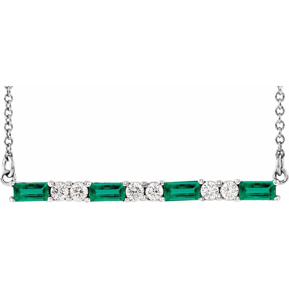 14k White Gold Lab-Grown Emerald & 1/6 CTW Natural Diamond Bar 16-18" Necklace