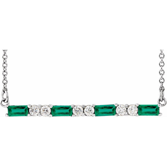 14k White Gold Lab-Grown Emerald & 1/6 CTW Natural Diamond Bar 16-18" Necklace