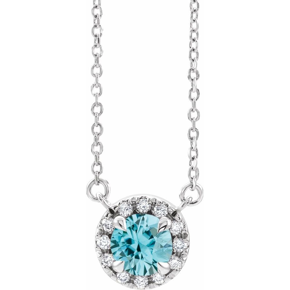 14k White Gold 6 mm Natural Blue Zircon & 1/6 CTW Natural Diamond 16" Necklace