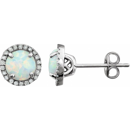 14k White Gold Lab-Grown White Opal & 1/8 CTW Natural Diamond Earrings