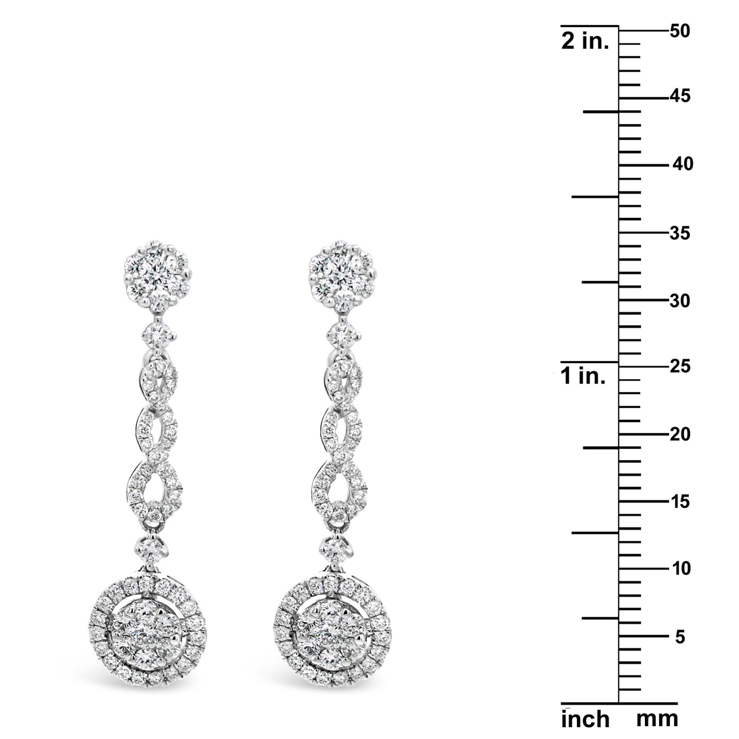 18k White Gold 1ct TDW White Diamond Dangling Round Cluster Earrings