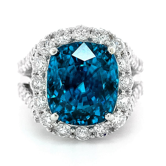 18K White Gold 15.98ct TGW Neon Blue Zircon and Diamond Ring