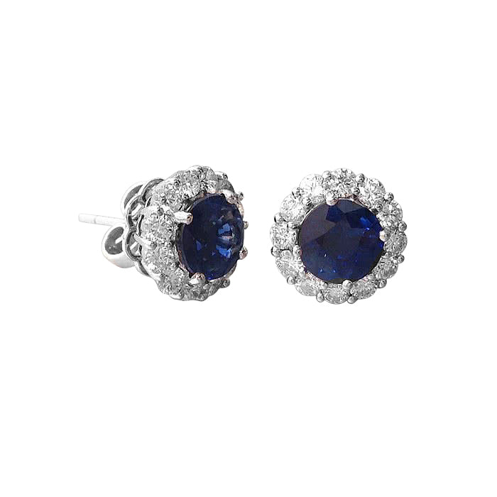 18K White Gold 3.7ct TGW Blue Sapphire and White Diamond Halo Stud Earrings
