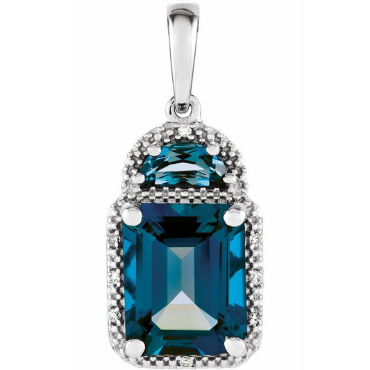 14k White Gold Natural London Blue Topaz & .03 CTW Natural Diamond Pendant
