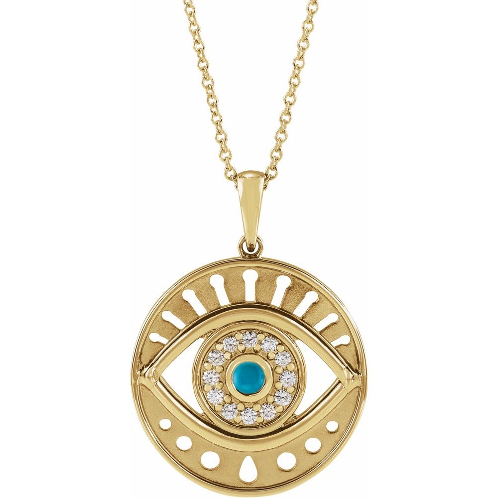 14K Yellow Gold Natural Turquoise & 1/6 CTW Natural Diamond Evil Eye 16-18" Necklace