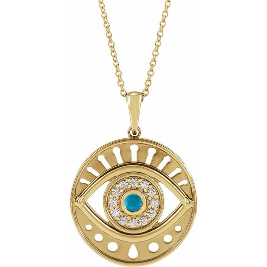 14K Yellow Gold Natural Turquoise & 1/6 CTW Natural Diamond Evil Eye 16-18" Necklace