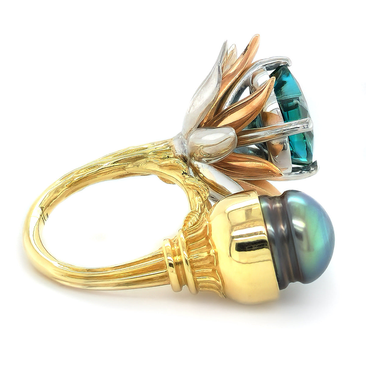 18K 3-Tone Gold 13.5ct TGW Blue Zircon and Tahitian Pearl One-of-a-Kind Ring