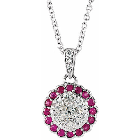 14k White Gold Natural Ruby & 1/3 CTW Natural Diamond 16-18" Necklace