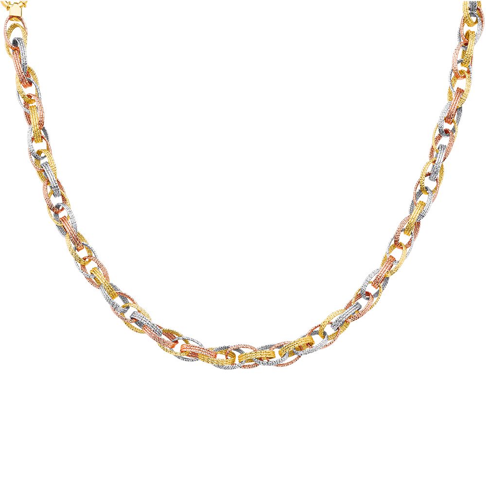 14K Tri-Tone Gold Ladies Diamond-cut Oval Link 18" Necklace