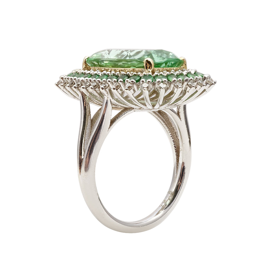 14k Two-Tone Gold 7.9ct TGW Green Namibian Tourmaline with Green Tsavorite and White Diamond Ring