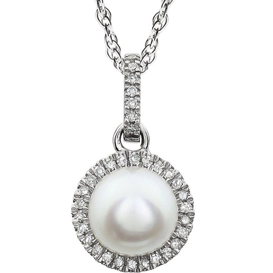 14k White Gold Cultured White Freshwater Pearl & 1/10 CTW Natural Diamond 18" Necklace
