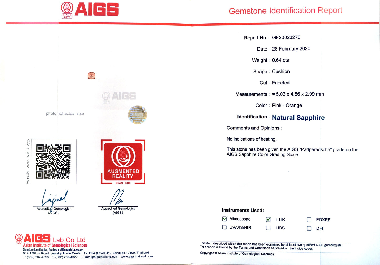 Natural Cushion-shape 0.64 carat Pink-Orange Padparadscha Sapphire - AIGS Certified