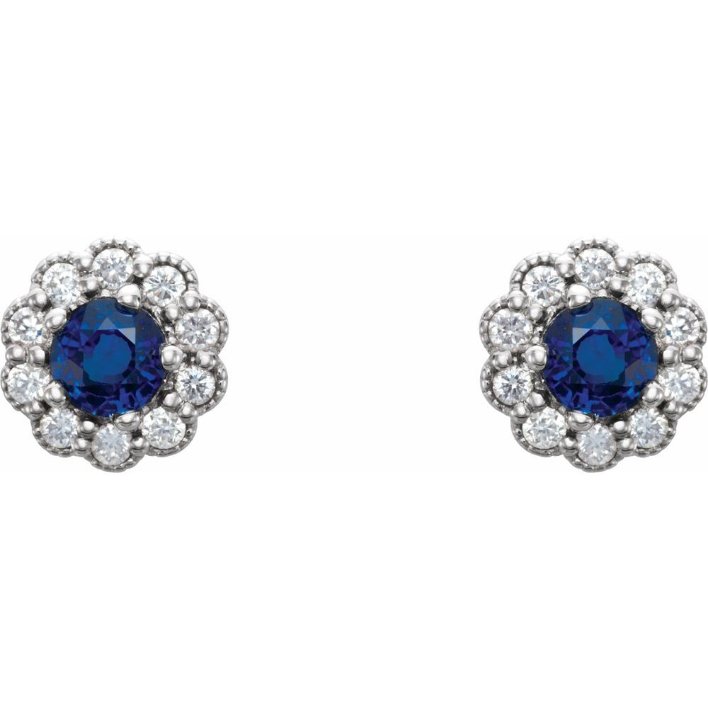 14k White Gold 3.2 mm Natural Blue Sapphire & 1/8 CTW Natural Diamond Earrings