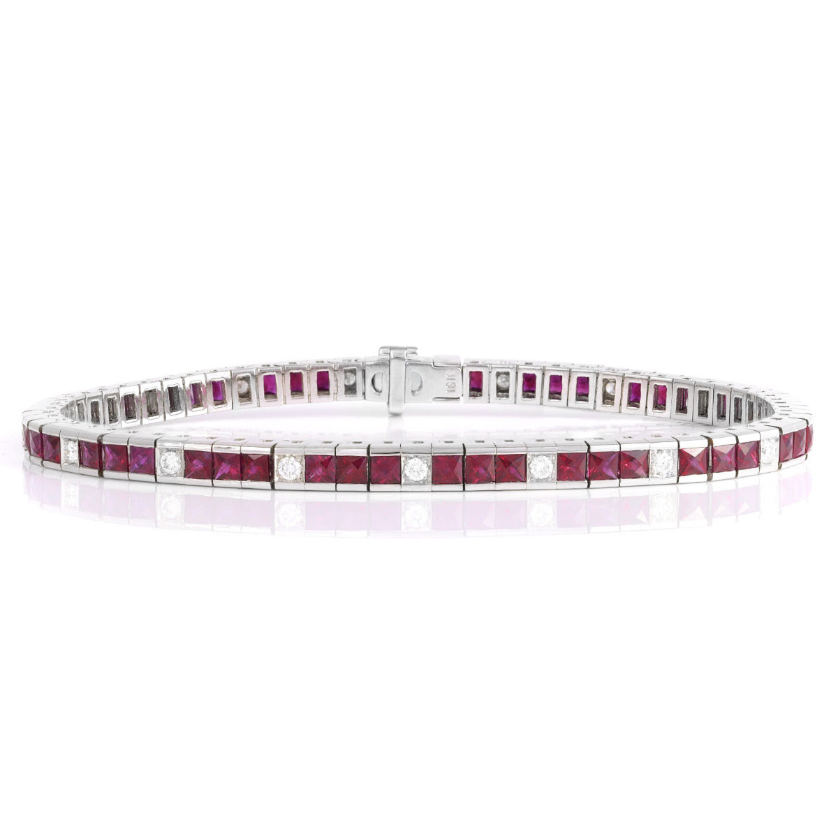 18k White Gold 6.2ct TGW Square-cut Red Ruby and Diamond One-of-a-Kind Bracelet
