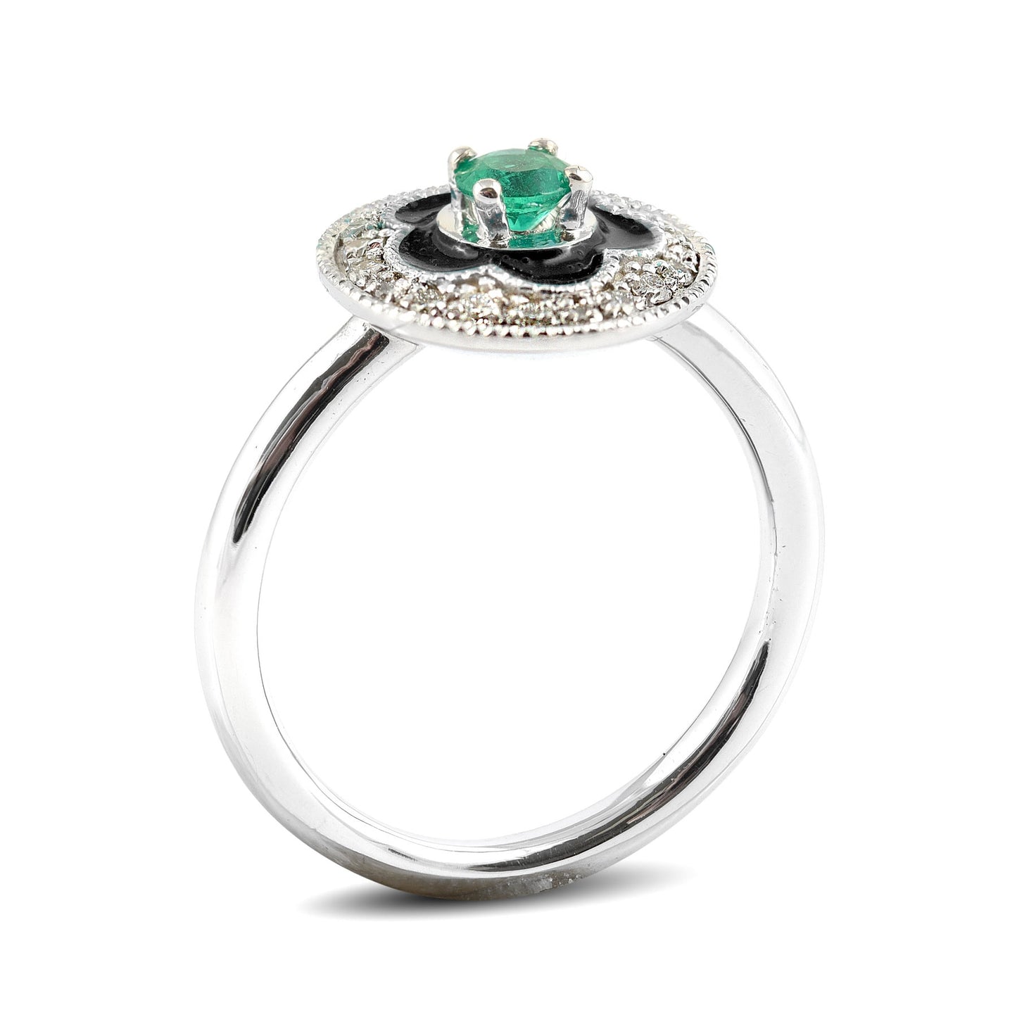 14K White Gold 0.35ct TGW Green Emerald and Diamond Enamel Halo Ring