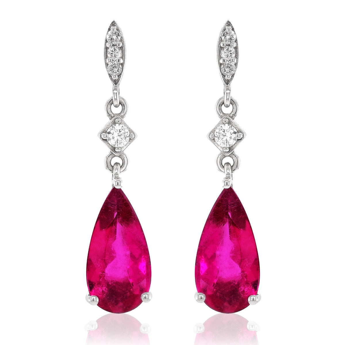 14K White Gold 3.3ct TGW Purplish-Red Pink Tourmaline and Diamond One-of-a-Kind Earrings