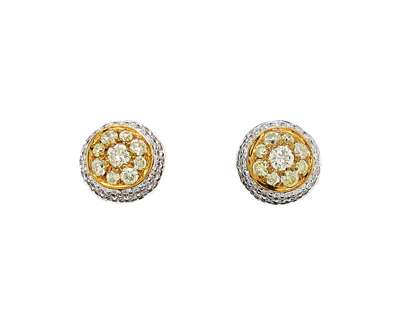 18k Two-tone Gold 5/8ct TDW Fancy Yellow and White Diamond Round Cluster Stud Earrings