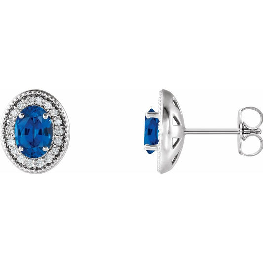 14k White Gold 6x4 mm Natural Blue Sapphire & 1/5 CTW Natural Diamond Halo-Style Earrings
