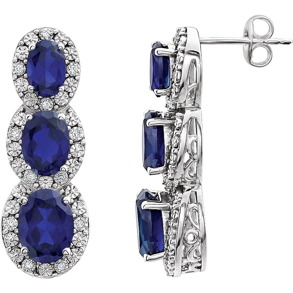 14k White Gold Lab-Grown Blue Sapphire & .07 CTW Natural Diamond Earrings