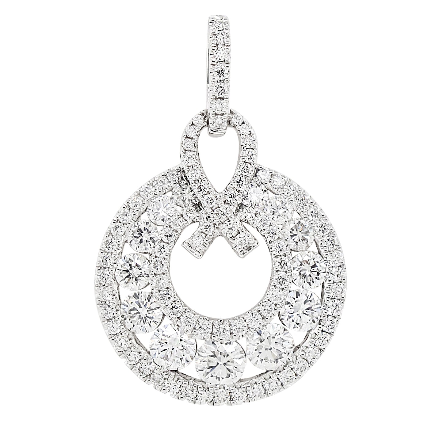 18k White Gold 1-1/5ct White Diamond Round Ribbon Pendant Necklace