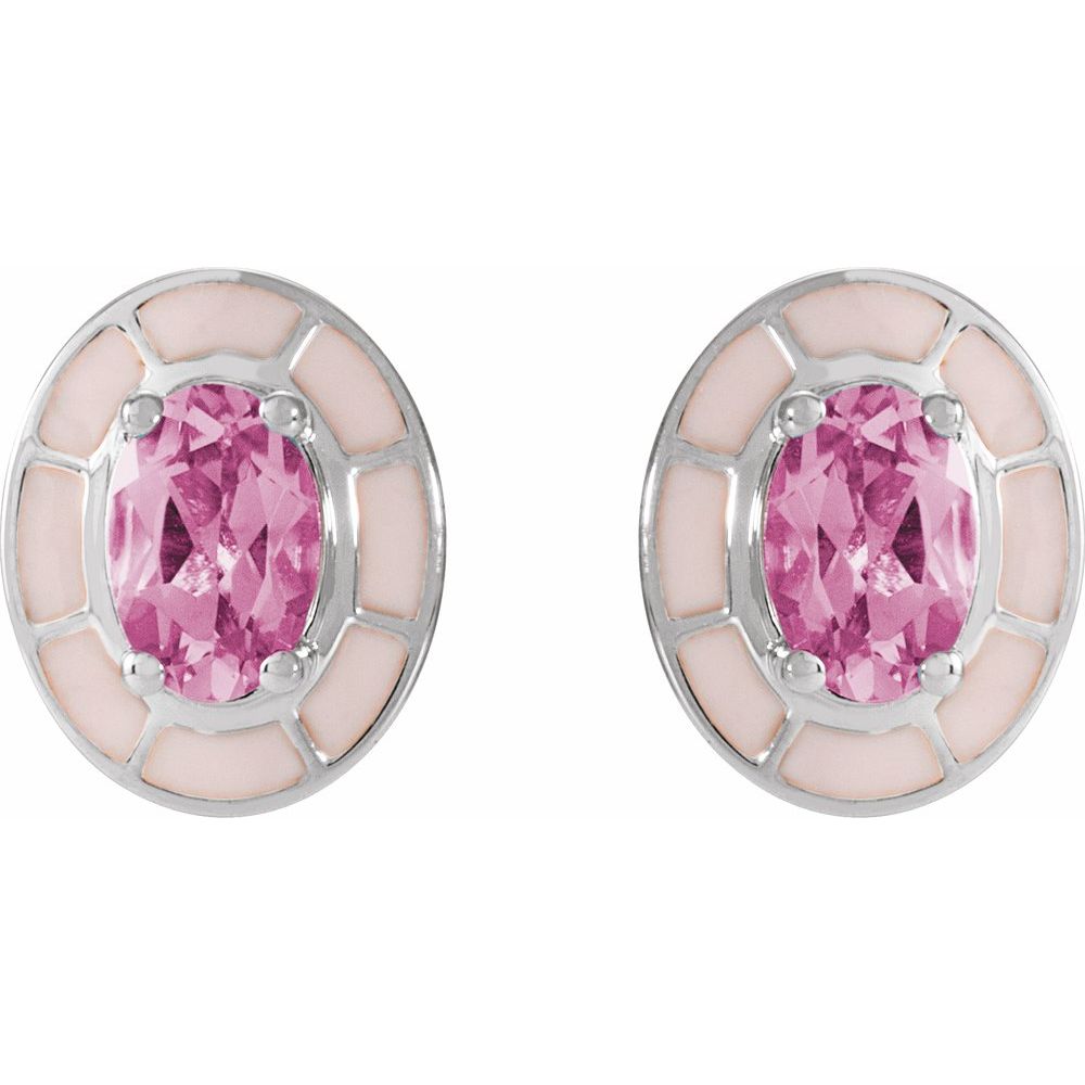 14K White Gold Natural Pink Tourmaline & Pink Enamel Stud Earrings