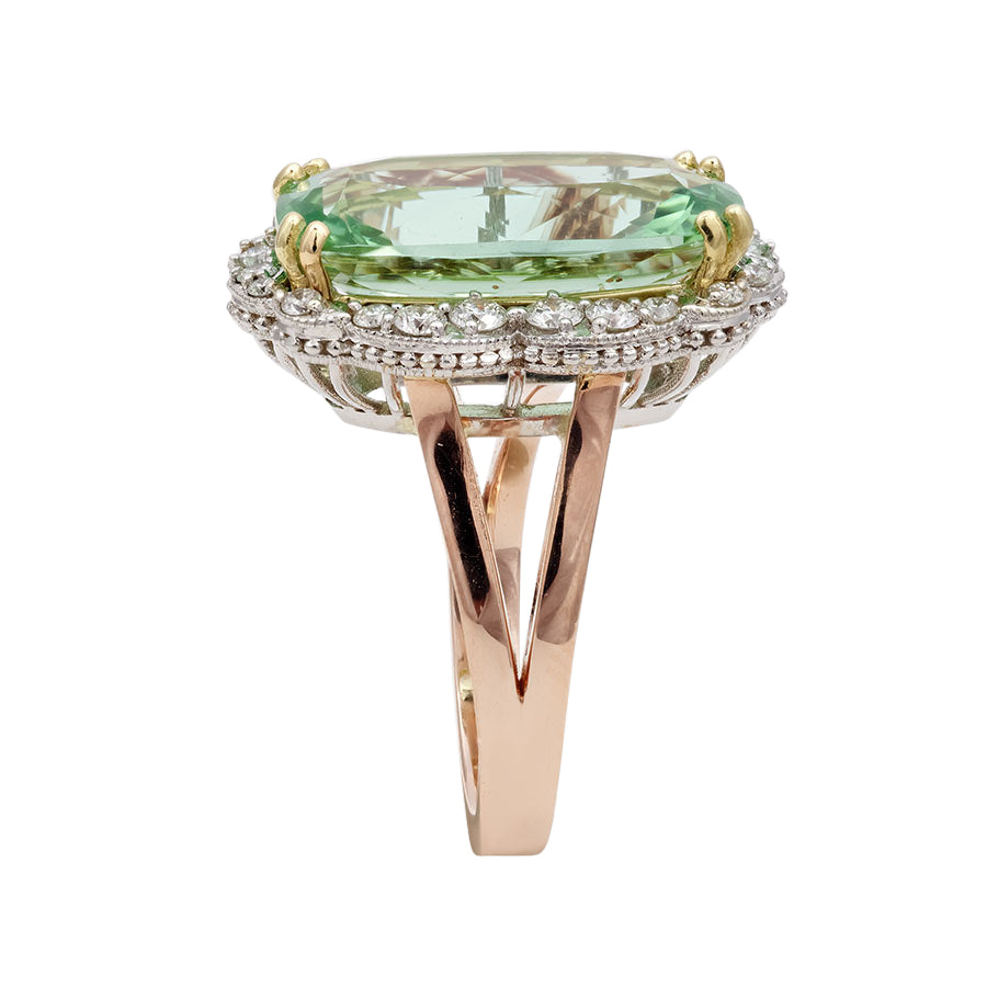 14k Tri-Tone Gold 9.89ct TGW Green Namibian Tourmaline and White Diamond Ring