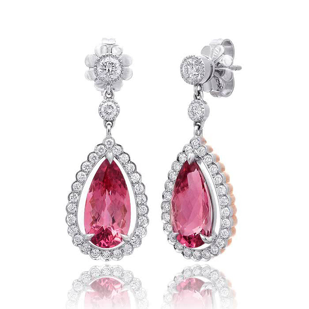 18K White Gold and Platinum 7.68ct TGW Pink Tourmaline and White Diamond Dangling Earrings