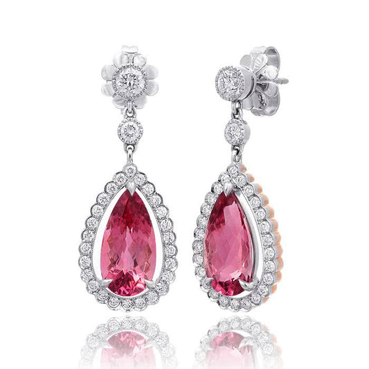 18K White Gold and Platinum 7.68ct TGW Pink Tourmaline and White Diamond Dangling Earrings