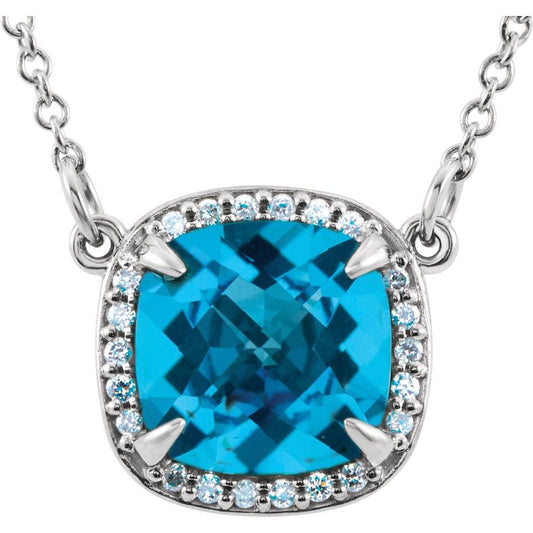 14k White Gold Natural Swiss Blue Topaz & .06 CTW Natural Diamond 16" Necklace
