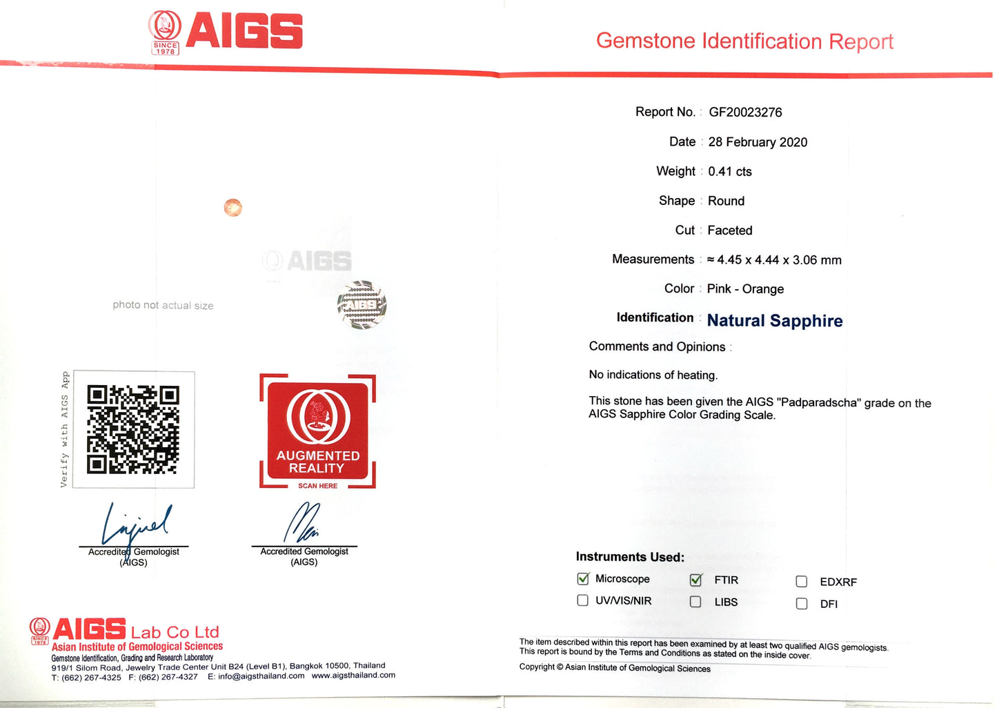 Natural Round-shape 0.41 carat Pink-Orange Padparadsha Sapphire - AIGS Certified