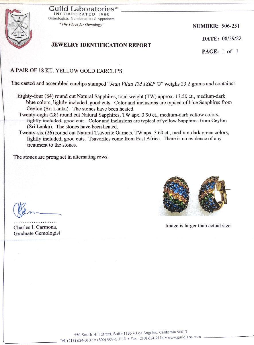 Jean Vitau 18K Yellow Gold 21ct TGW Multi-Color Sapphires and Tsavorites One-of-a-Kind Earrings