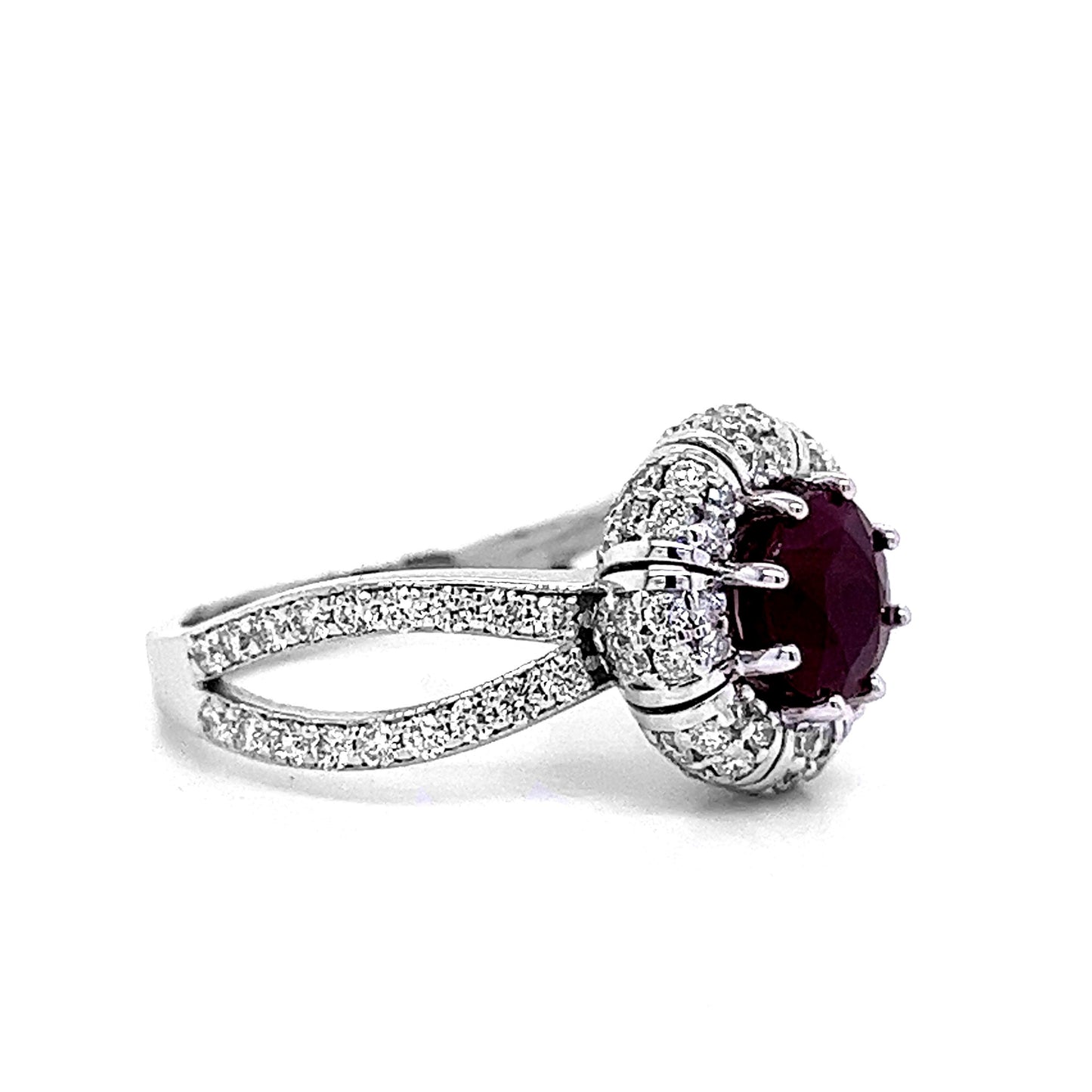 14k White Gold 2.32ct TGW Round-cut Ruby and Diamond Split-shank Anniversary Ring