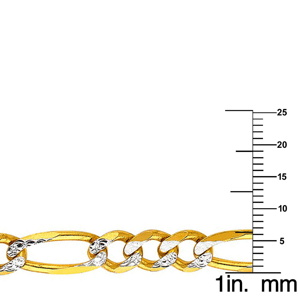 14k Two-tone Gold 6.9-mm Wide Regular White Pave 3+1 Figaro Chain 8.5 inch Bracelet