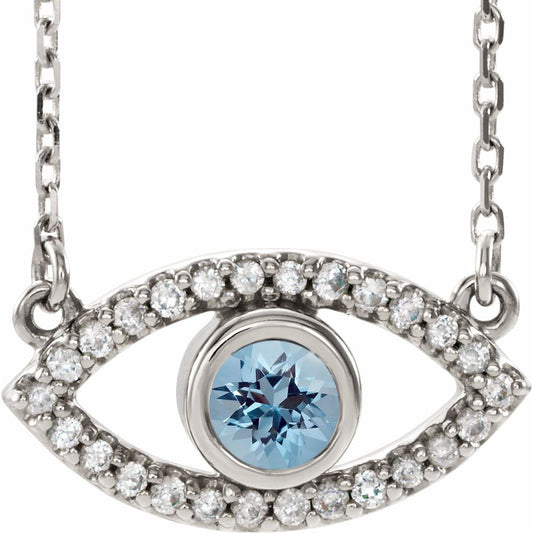 14k White Gold Natural Aquamarine & Natural White Sapphire Evil Eye 16" Necklace