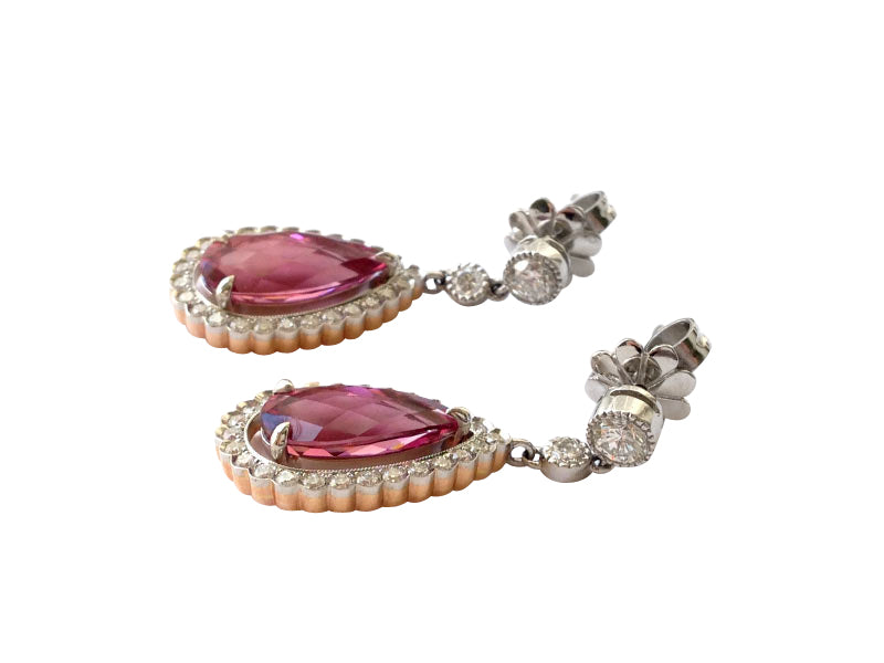 18K White Gold and Platinum 7.68ct TGW Pink Tourmaline and White Diamond Dangling Earrings