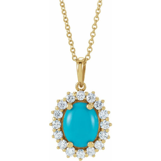 14k Yellow Gold Natural Turquoise & 1/3 CTW Natural Diamond Halo-Style 16-18" Necklace