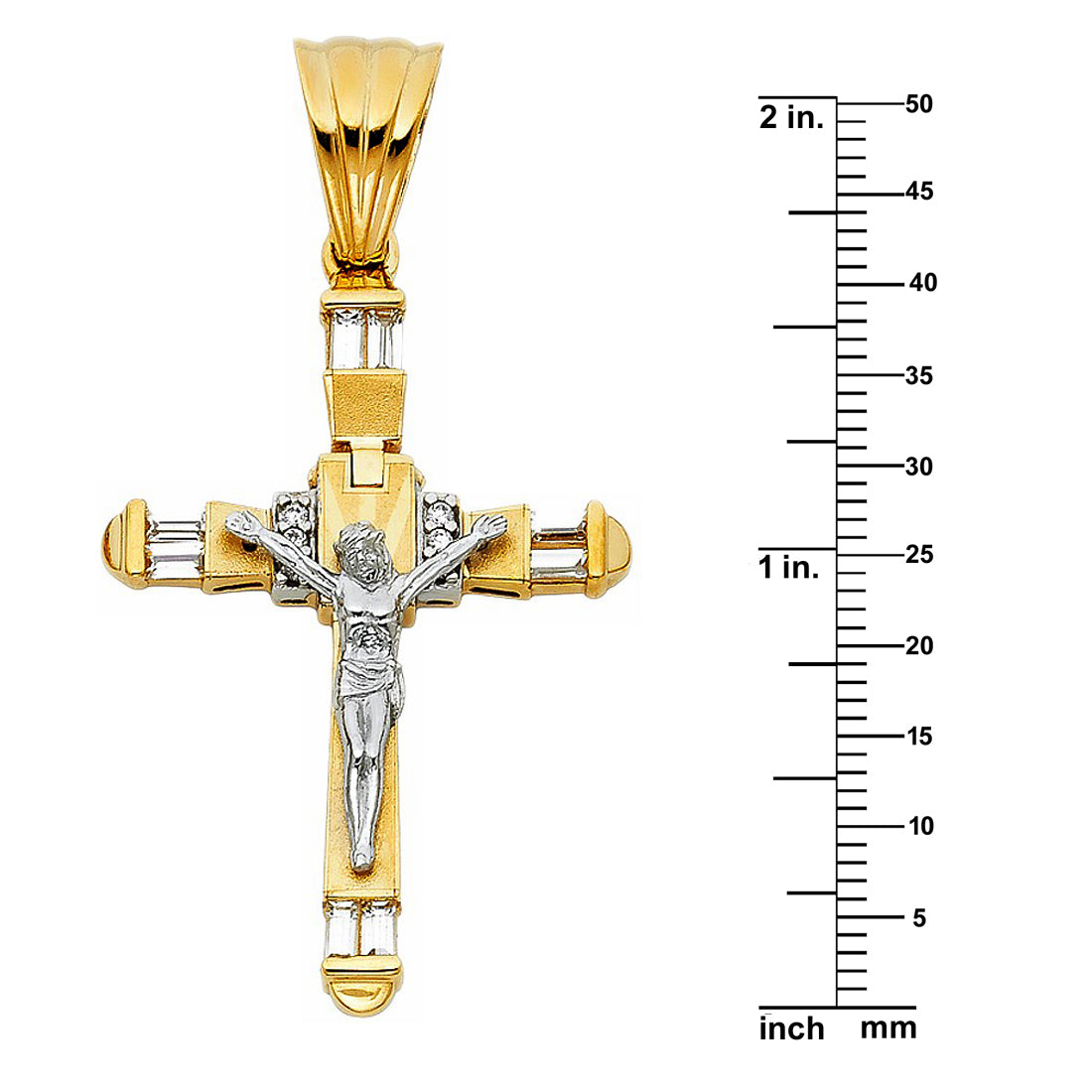 14k Two-tone Gold Cubic Zirconia Fancy Crucifix Pendant with 2.2mm Figaro Chain