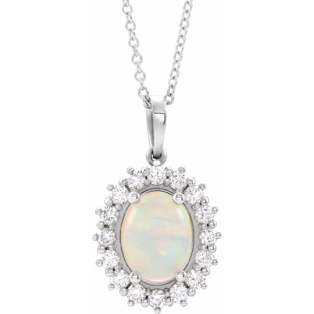 14k White Gold Natural White Ethiopian Opal & 1/3 CTW Natural Diamond Halo-Style 16-18" Necklace
