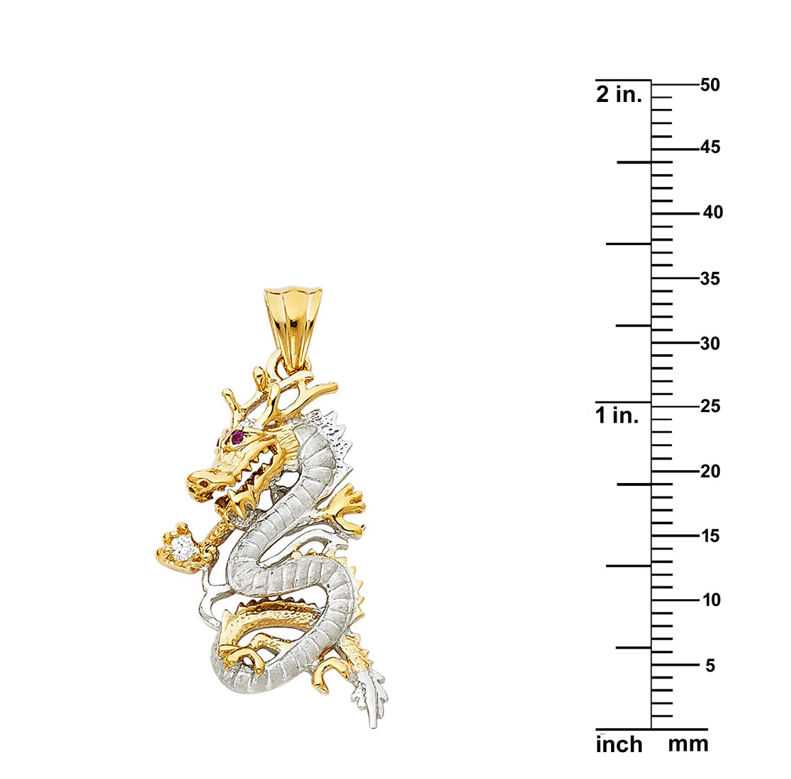 14k Two-tone Gold Cubic Zirconia Fancy Dragon Pendant with 2 mm Solid Rope Chain