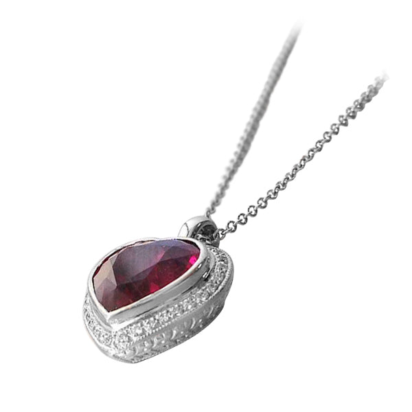 18K White Gold 2.92ct TGW Rubellite and White Diamond Heart Pendant Necklace