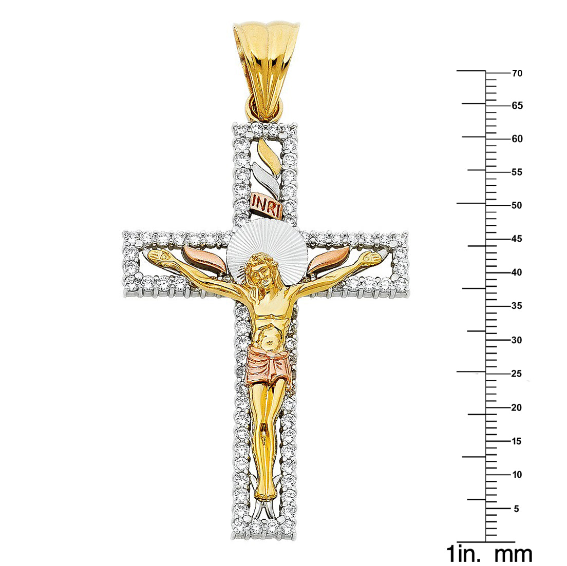 14k Tri-Tone Gold Cubic Zirconia Fancy Crucifix Cross Pendant
