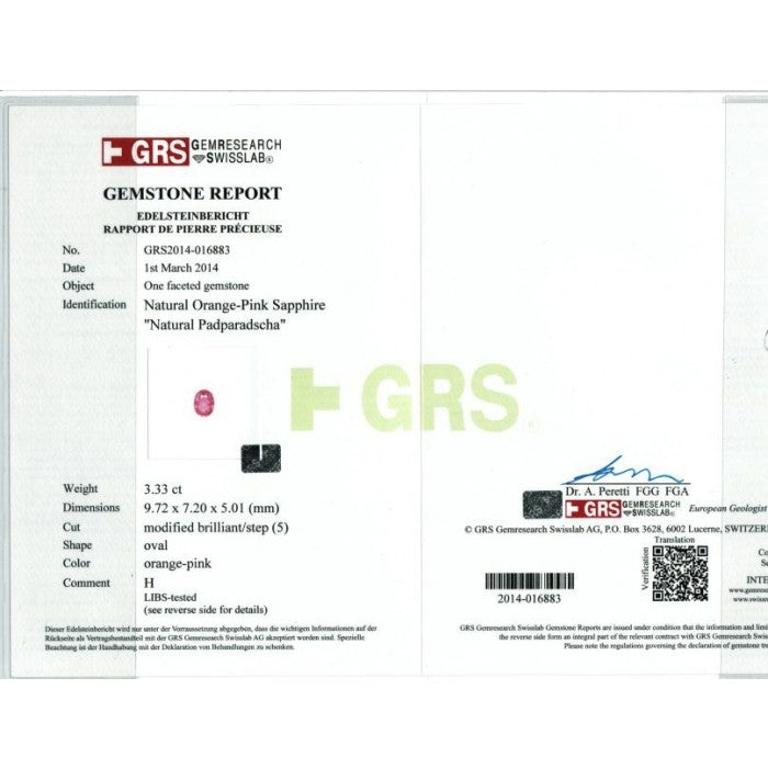 Platinum 3.79ct TGW Certified Padparadscha Sapphire and White Diamond One-of-a-Kind Ring