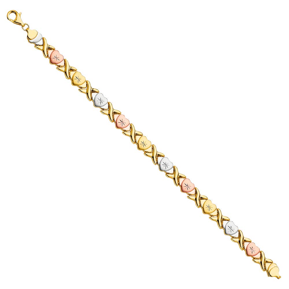 14k Tri-Tone Gold Stampato Heart-Shape XO 7.5-inch Bracelet