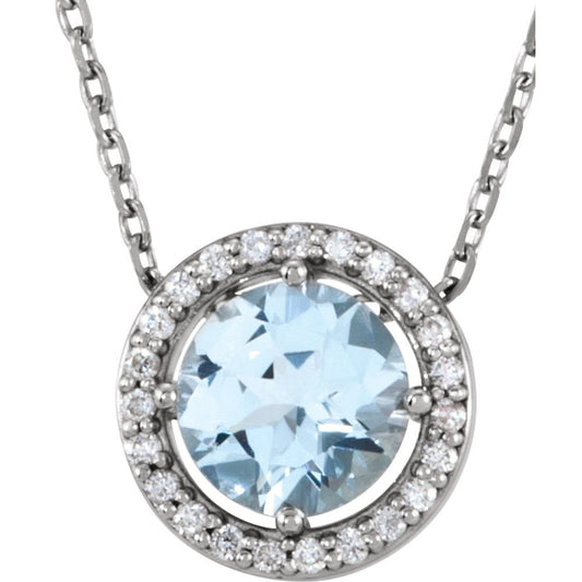 14k White Gold Natural Aquamarine & .05 CTW Natural Diamond Halo-Style 16" Necklace