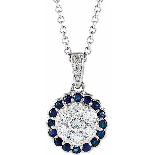 14k White Gold  Natural Blue Sapphire & 1/3 CTW  Natural Diamond 16-18" Necklace