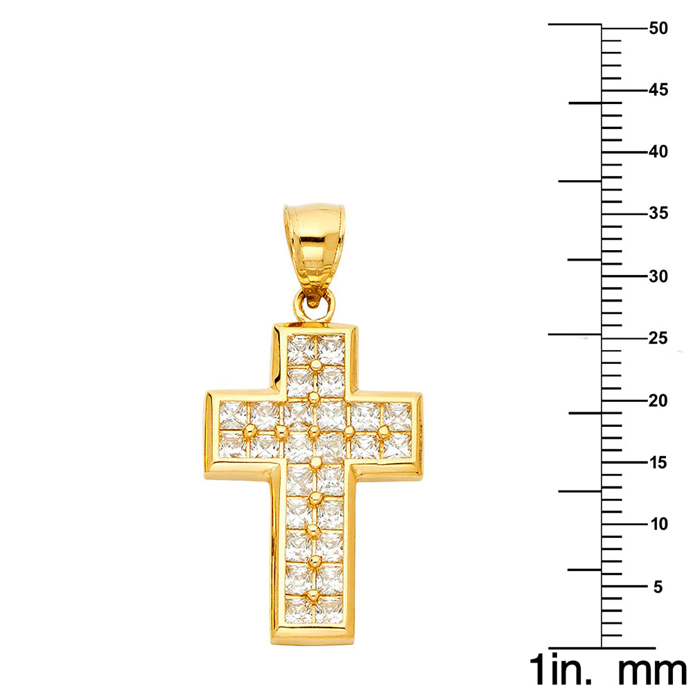 14k Yellow Gold Cubic Zirconia Multi-row Cross Pendant with 0.80mm Box Chain