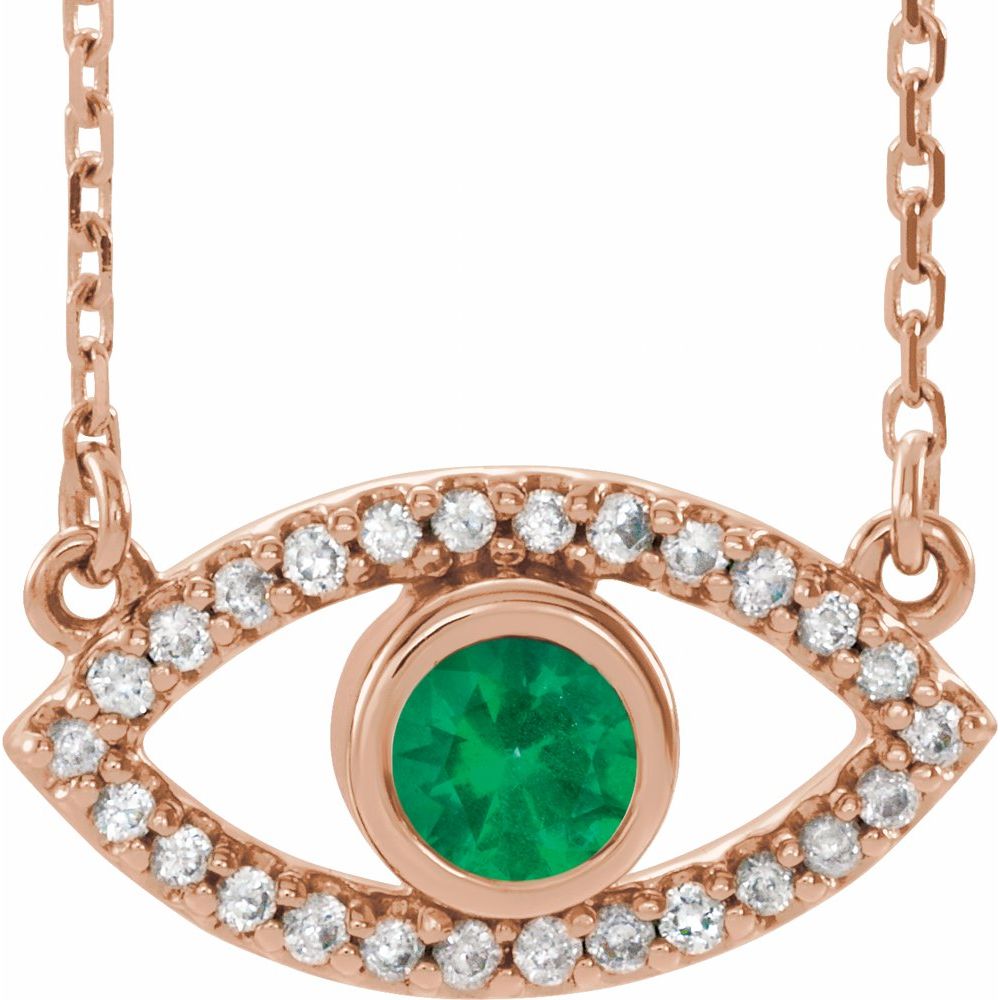 14k Rose Gold Natural Emerald & Natural White Sapphire Evil Eye 18" Necklace